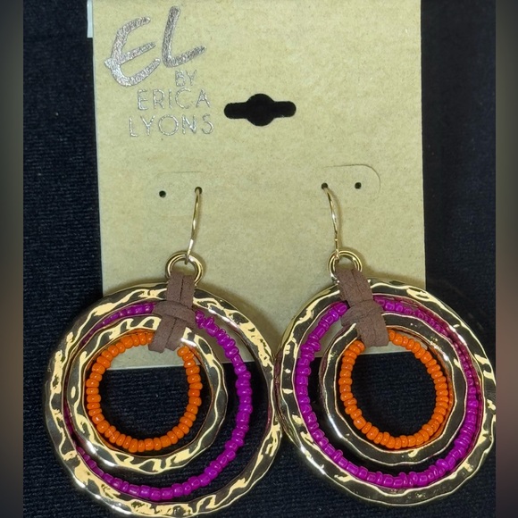 Erica Lyon Gold Pink Orange Rings Dangling Hook Earrings 2.5 inch - Picture 6 of 7